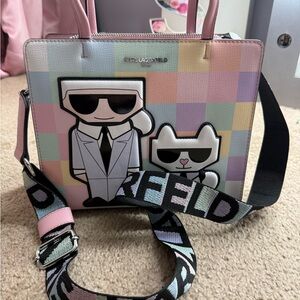 Karl Lagerfeld Pastel Checkered Tote with Graphic Design